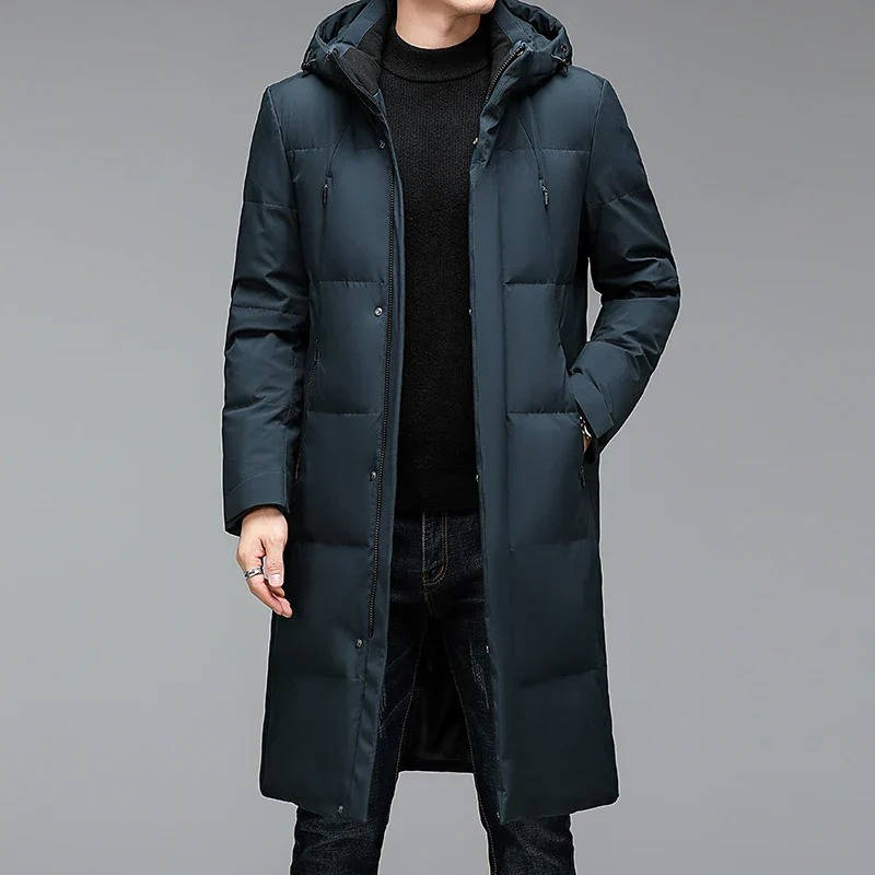 Men's longline puffer jacket with hood, insulated slim-fit winter coat for cold weather protection