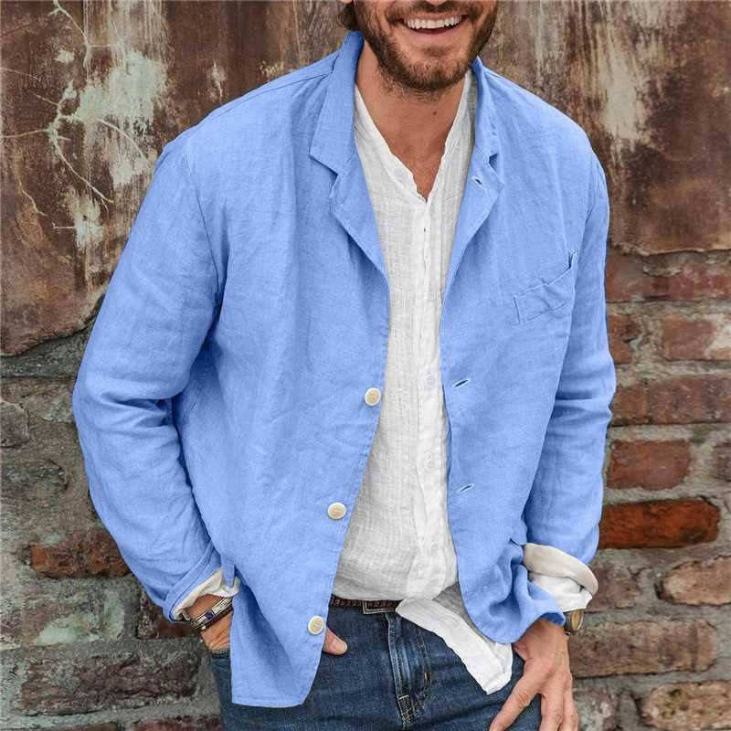 Men's beige linen blend blazer relaxed fit lightweight casual jacket with natural drape for brunch