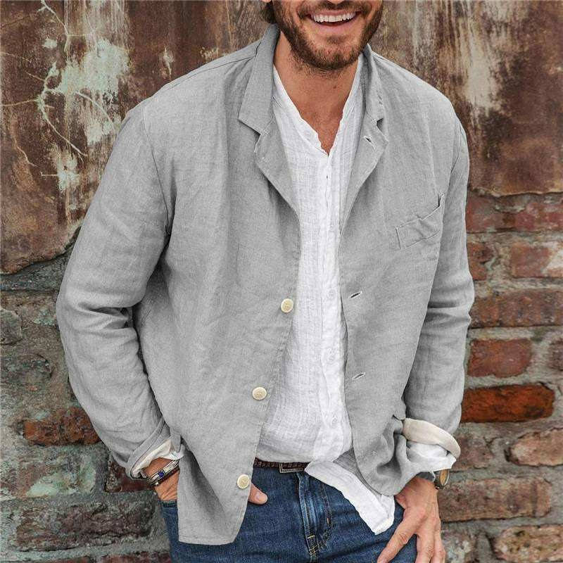 Men's light beige linen blend blazer, relaxed casual fit with breathable fabric for brunch or smart casual wear