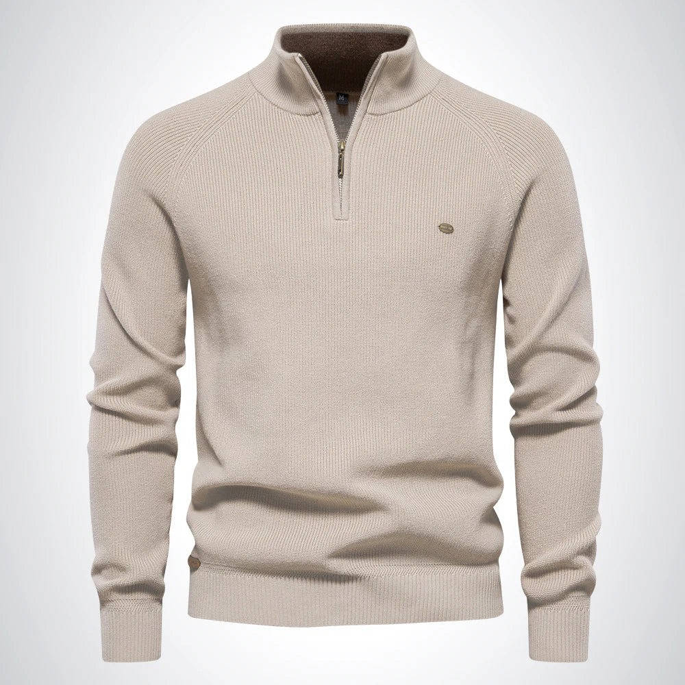 Men's navy quarter zip sweater cotton-poly blend classic knit with half-zip closure for office casual wear