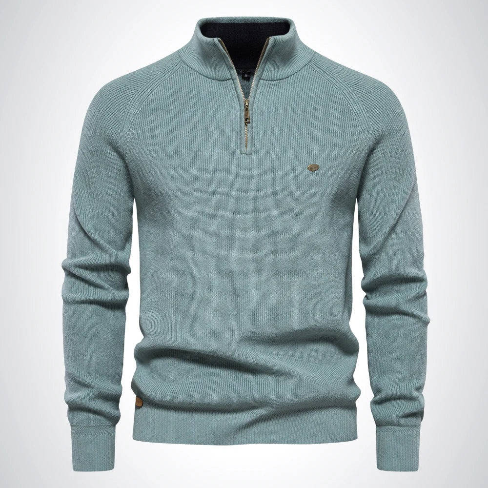 Men's navy quarter zip sweater cotton-poly blend classic knit with half-zip closure for office casual wear