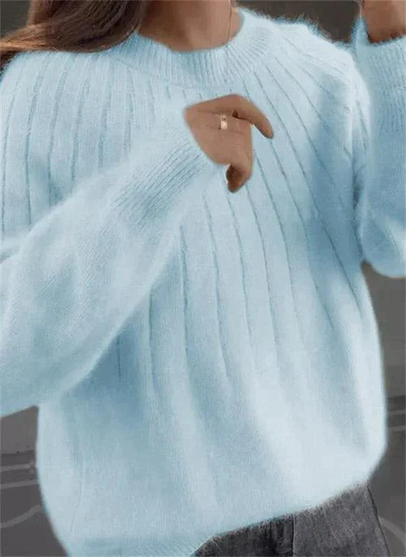 Women's mohair cashmere ribbed knit sweater cozy stretchy cloud-soft luxurious everyday essential