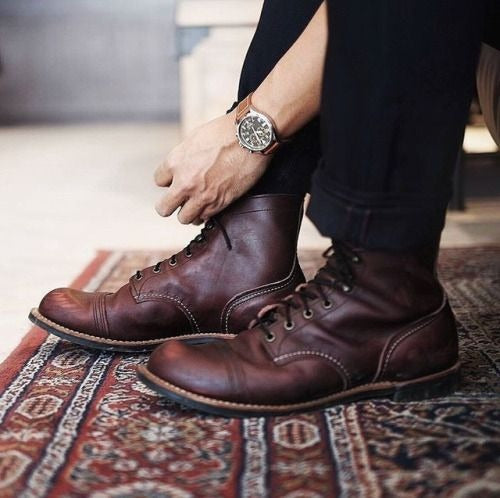 Men's brown vintage-inspired leather lace-up boots with rugged sole for work and casual wear