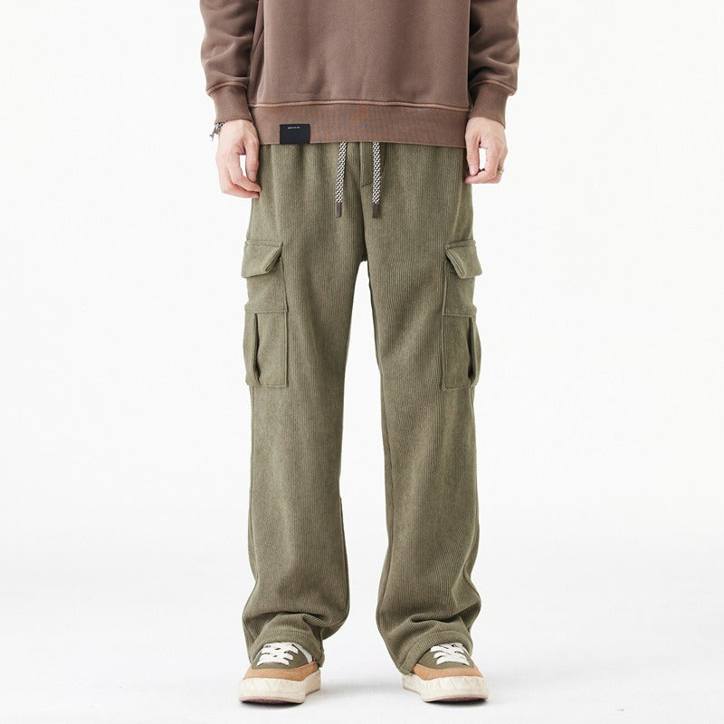 Men's olive cargo pants relaxed wide-leg cut ribbed texture elastic drawstring waist everyday comfort