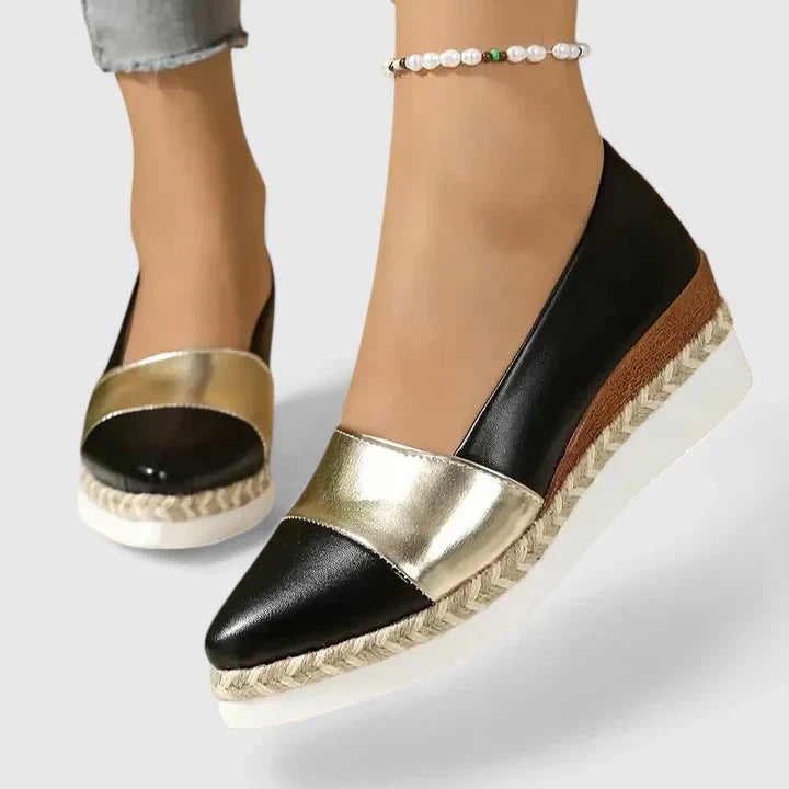 Women's metallic two-tone espadrille wedge loafers with braided rope platform sole slip-on style