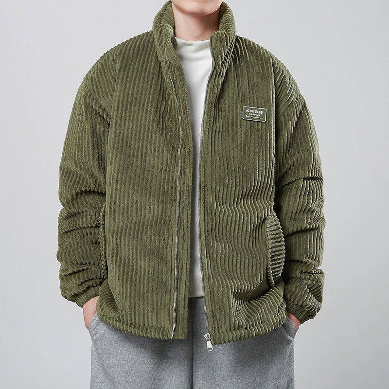 Men's corduroy puffer jacket warm insulated coat with ribbed texture and plush polyester fill