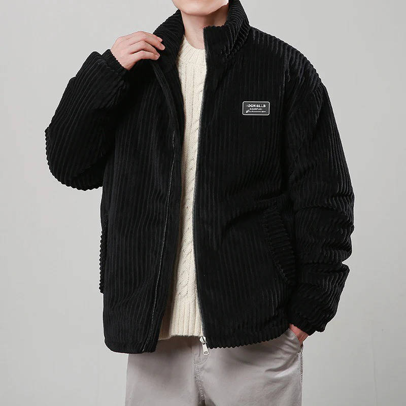 Men's corduroy puffer jacket warm insulated coat with ribbed texture and plush polyester fill