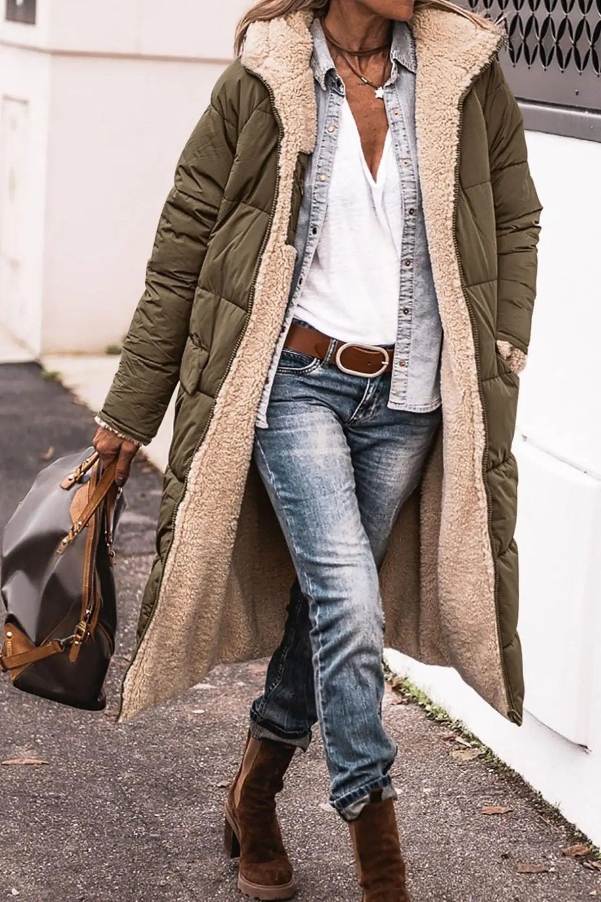 Women's long quilted hooded winter coat with cozy fleece lining, modern silhouette