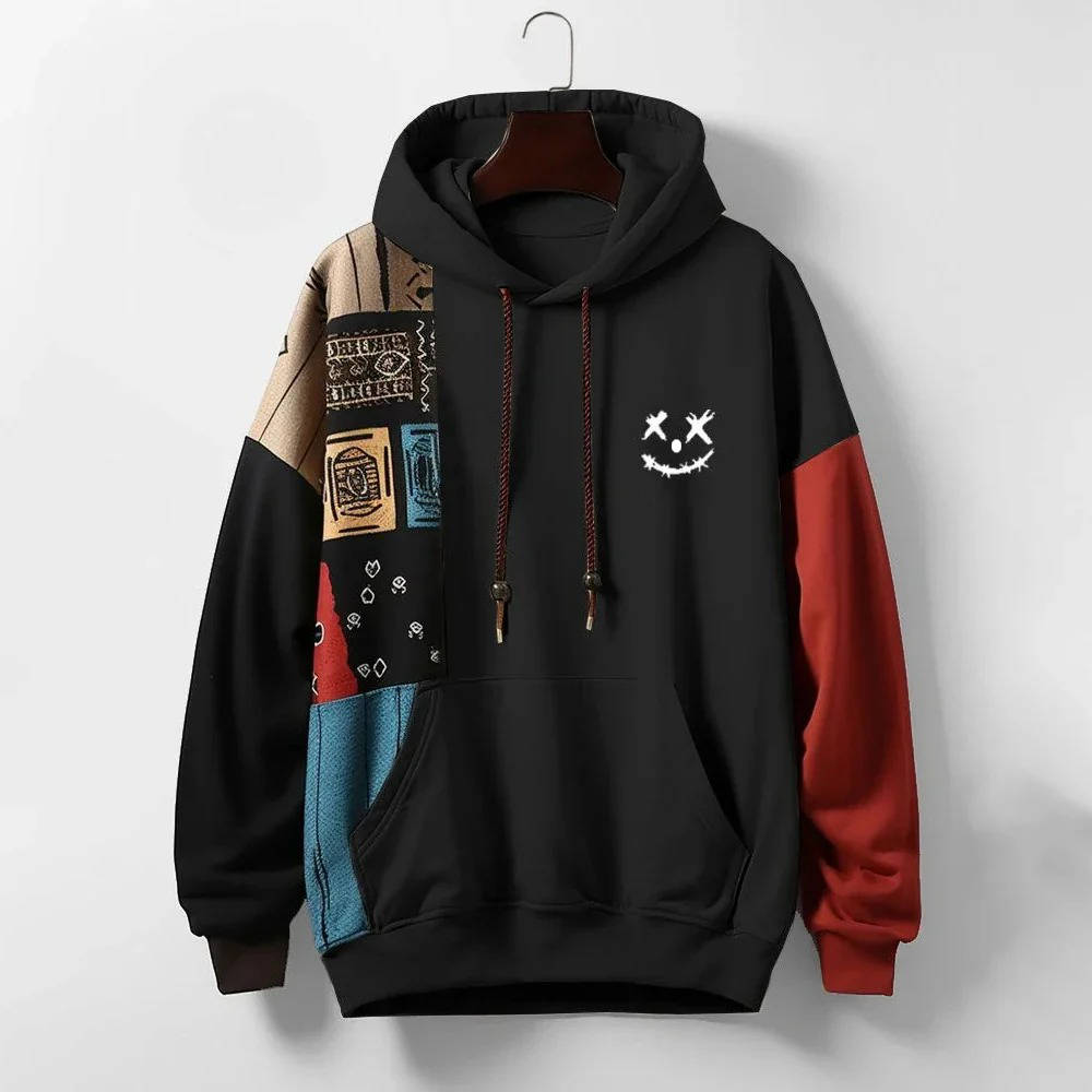 Relaxed patchwork streetwear hoodie in bold colorblock design, premium cotton blend for urban everyday style