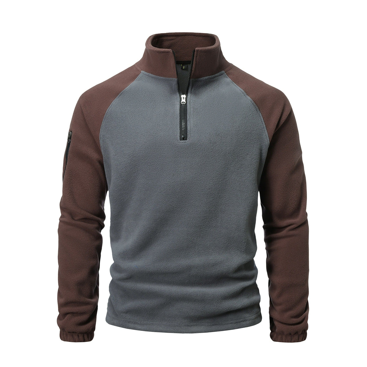 Men's lightweight fleece mock neck half-zip pullover with two-tone design and zippered arm pocket