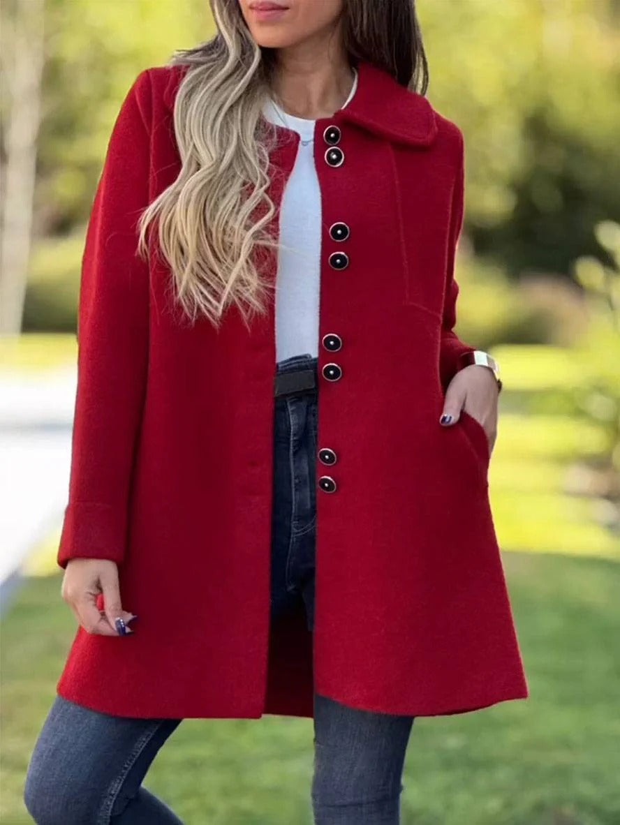 Women's relaxed-fit knee-length wool blend coat in neutral tone with rounded lapel collar