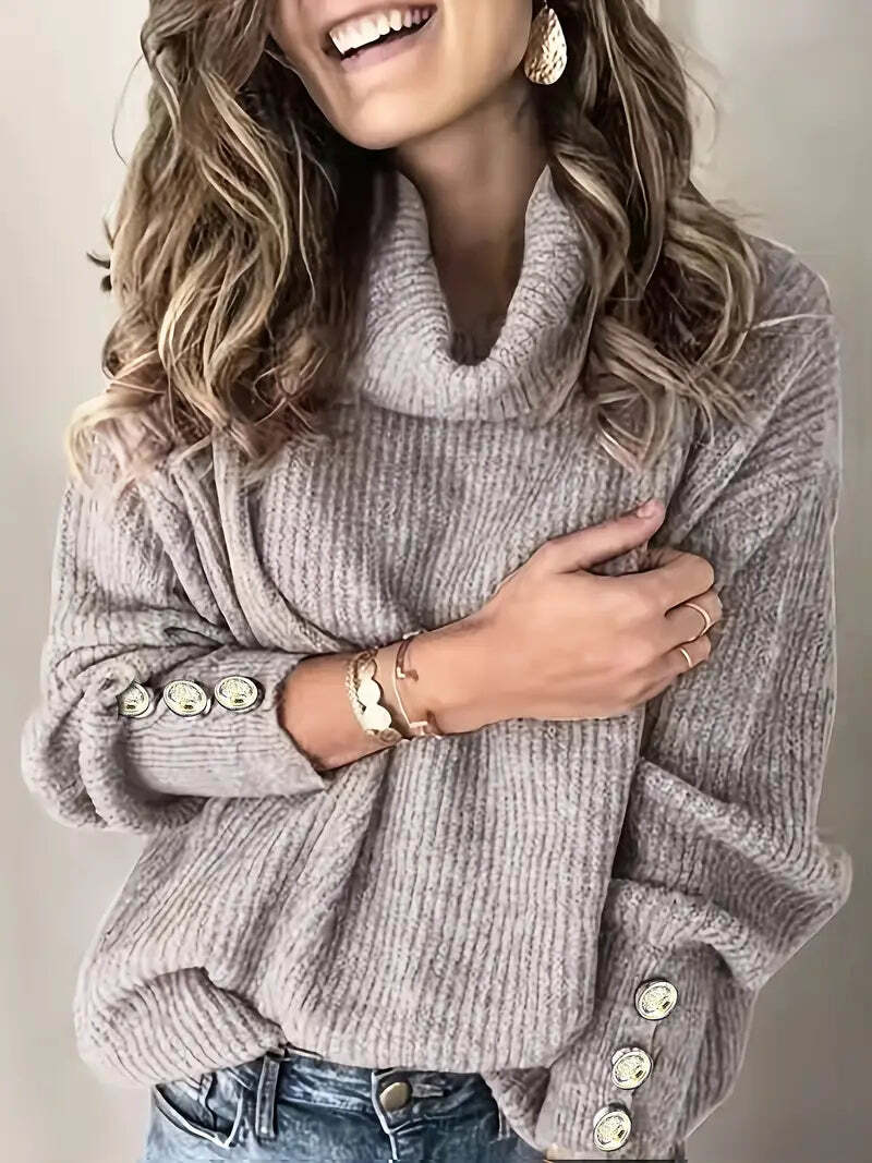 Women's ribbed-knit cowl neck sweater in cozy winter style with draped plush collar