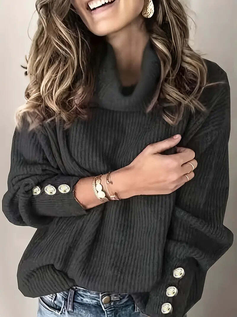 Women's ribbed-knit cowl neck sweater in cozy winter style with draped plush collar