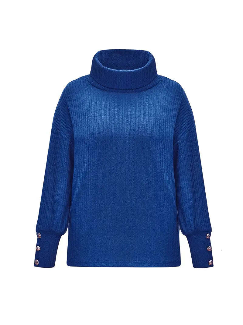 Women's ribbed-knit cowl neck sweater in cozy winter style with draped plush collar