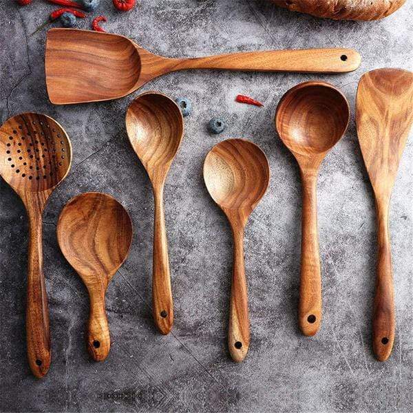 Teak Wooden Cooking Utensil Set With Ergonomic Handles - Wavlynn