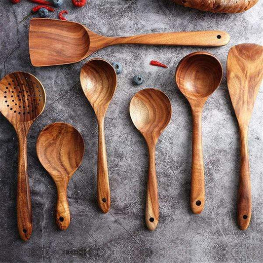 Teak Wooden Cooking Utensil Set With Ergonomic Handles - Wavlynn