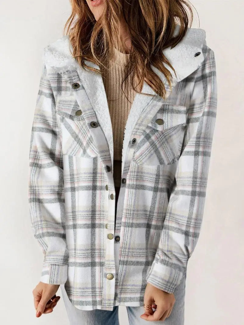 Cozy plaid jacket with plush lining, relaxed fit, classic pattern, perfect for layering on chilly days