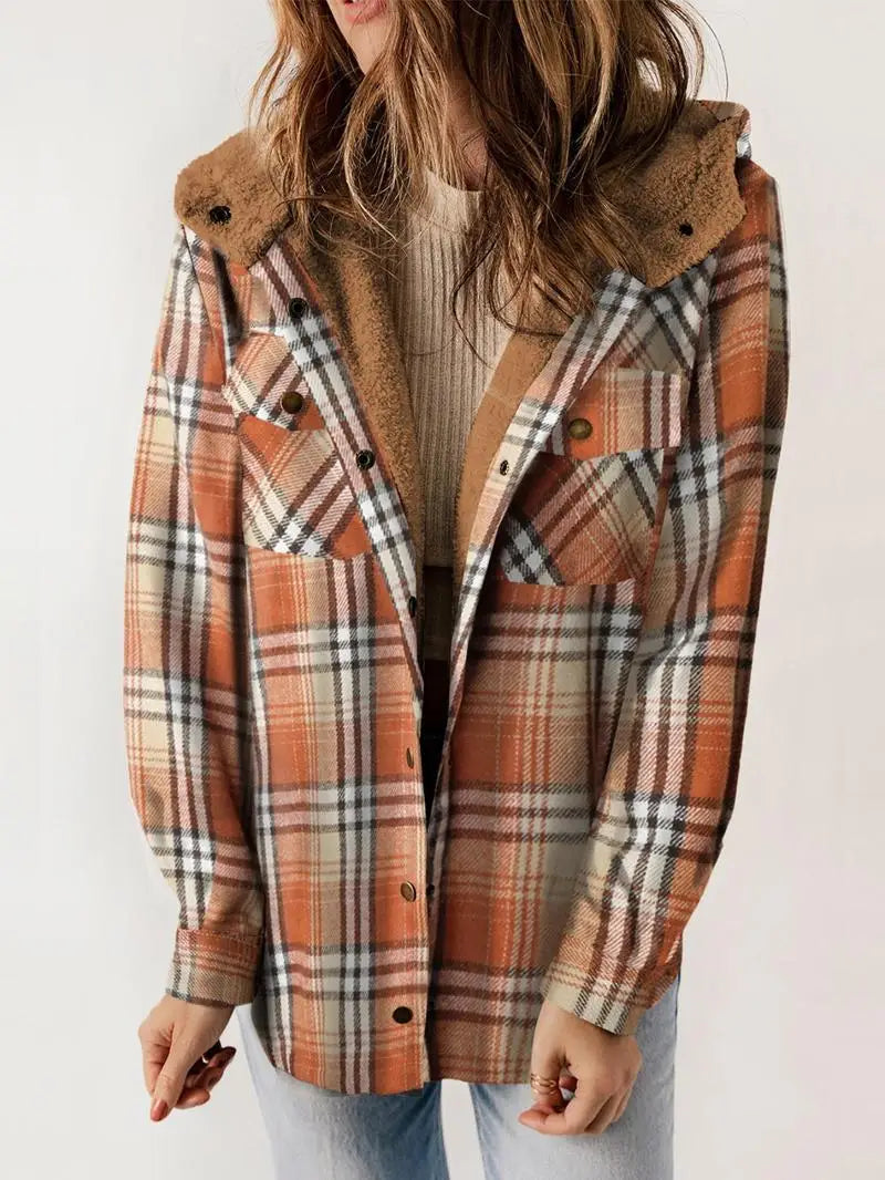 Cozy plaid jacket with plush lining, relaxed fit, classic pattern, perfect for layering on chilly days
