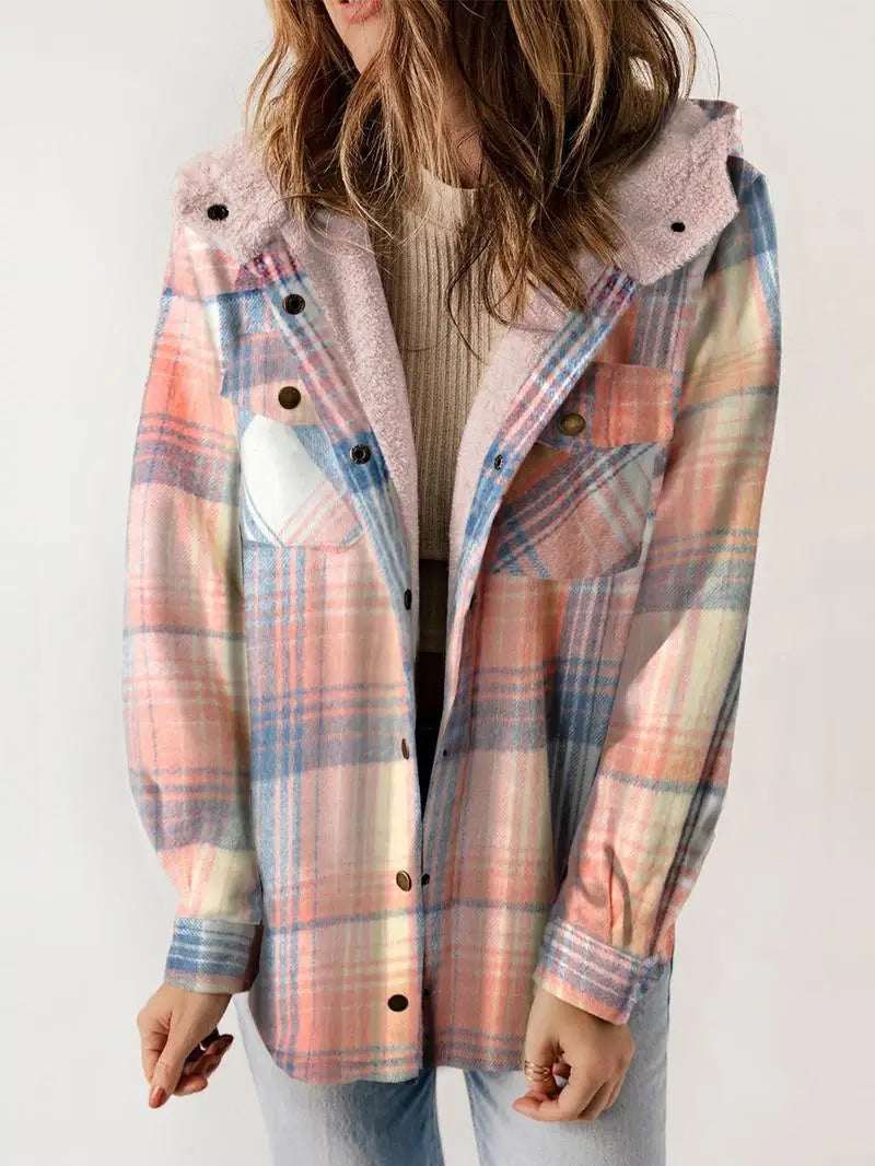 Cozy plaid jacket with plush lining, relaxed fit, classic pattern, layer-friendly style for chilly days