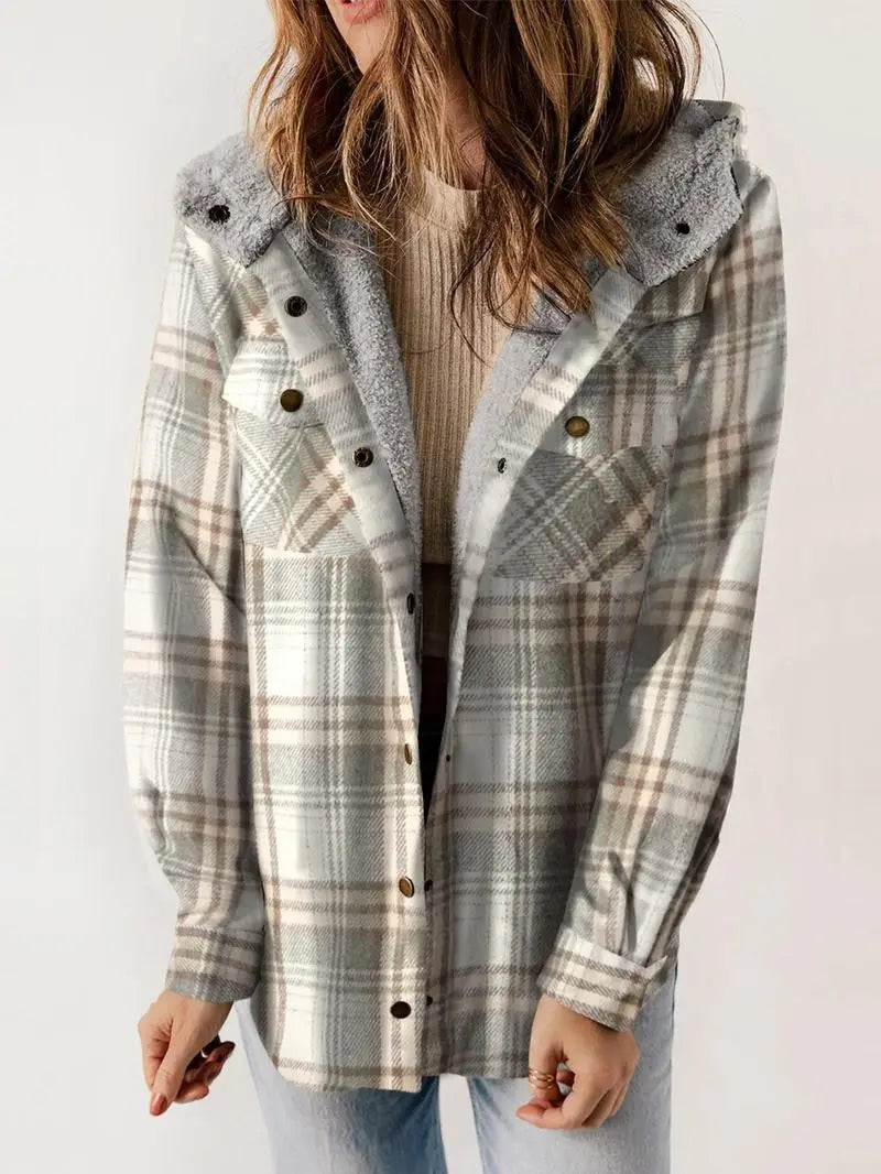 Cozy plaid jacket with plush lining, relaxed fit, classic pattern, layer-friendly women's outerwear