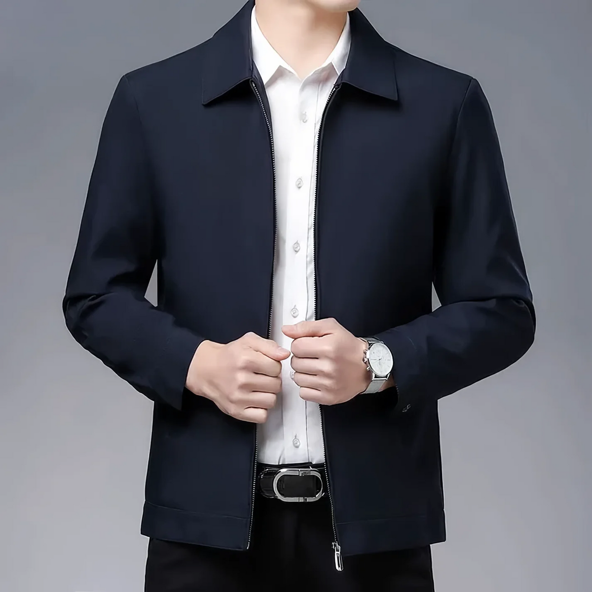 Men's wool blend tailored fit hip-length jacket with zip closure in modern style