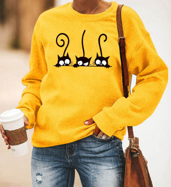 Women's oversized gray crewneck sweatshirt cotton blend with cute cat print casual cozy style