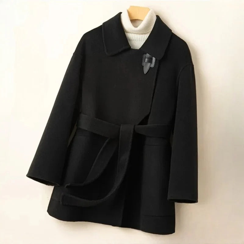 Cavalli double-sided wool coat in neutral tone, belted waist, clean tailored European silhouette