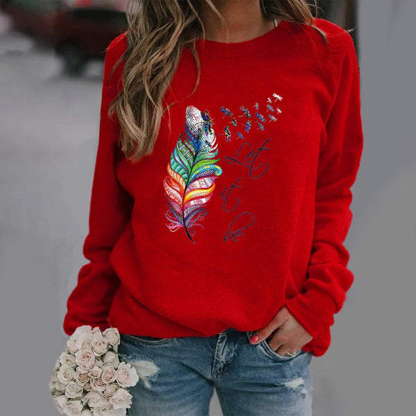 Women's relaxed fit crew neck sweatshirt cotton blend feather print long sleeve casual top