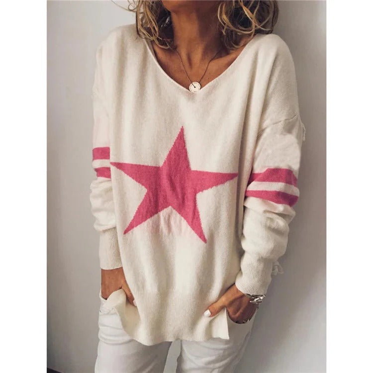 Women's relaxed fit crew neck knit sweater with star front design and striped sleeves