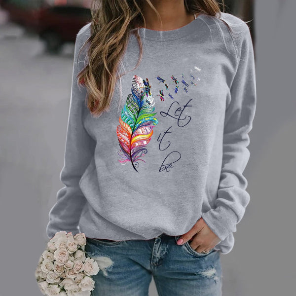 Women's relaxed fit crew neck sweatshirt cotton blend feather print long sleeve casual top