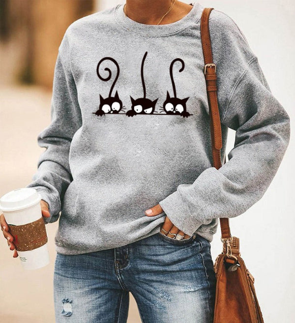 Women's oversized gray crewneck sweatshirt cotton blend with cute cat print casual cozy style