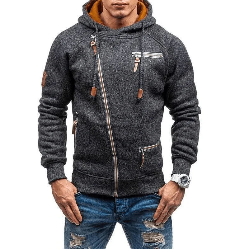 Men's regular fit fleece hoodie with asymmetrical zip closure and zippered pockets casual style