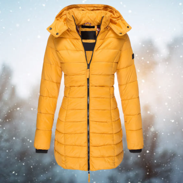 Women's long black quilted puffer jacket tailored fit with detachable hood winter coat