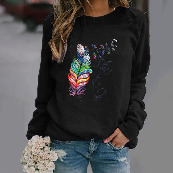 Women's relaxed fit crew neck sweatshirt cotton blend feather print long sleeve cozy style