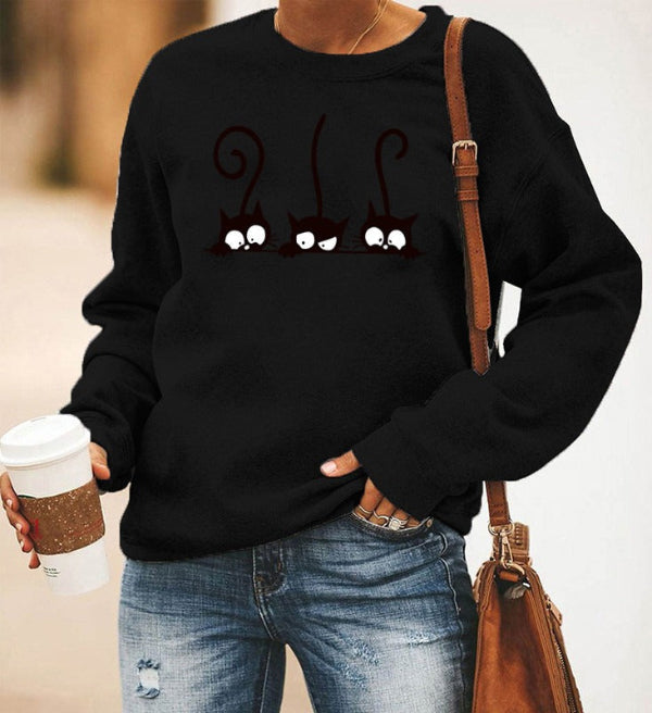 Women's oversized gray crewneck sweatshirt cotton blend with cute cat print casual cozy style