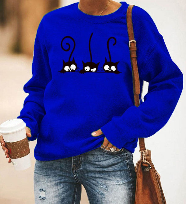 Women's oversized gray crewneck sweatshirt cotton blend with cute cat print casual cozy style