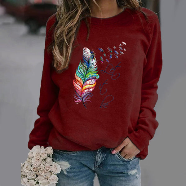 Women's relaxed fit crew neck sweatshirt cotton blend feather print long sleeve cozy style