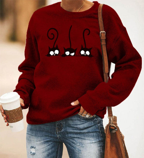 Women's oversized gray crewneck sweatshirt cotton blend cozy cat print casual wear