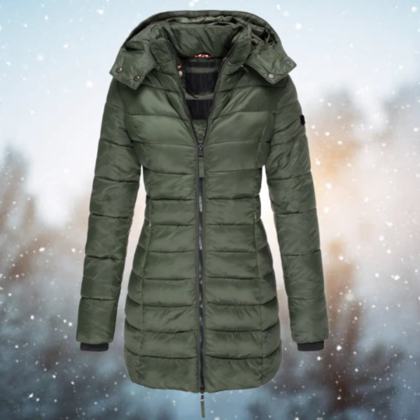 Women's long quilted puffer jacket water-resistant streamlined fit with detachable hood for warmth