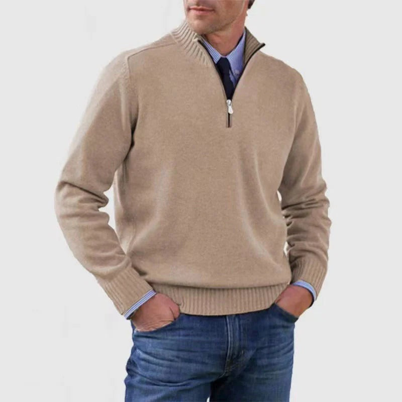 Men's navy quarter zip knit pullover sweater with adjustable neckline for business casual office wear