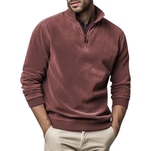 Men's gray fleece quarter-zip pullover regular fit with ribbed trim collar by Wavlynn
