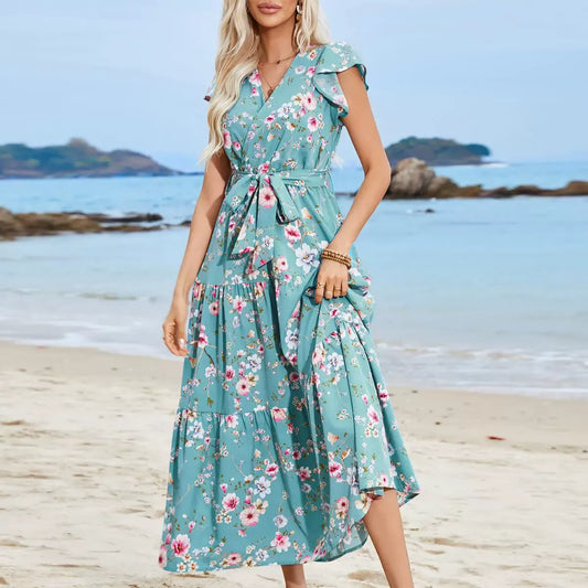 Women’s Boho Dress – V-Neck – Tie Waist – Floral Print – Ruffled Sleeves – Cotton Blend - Wavlynn