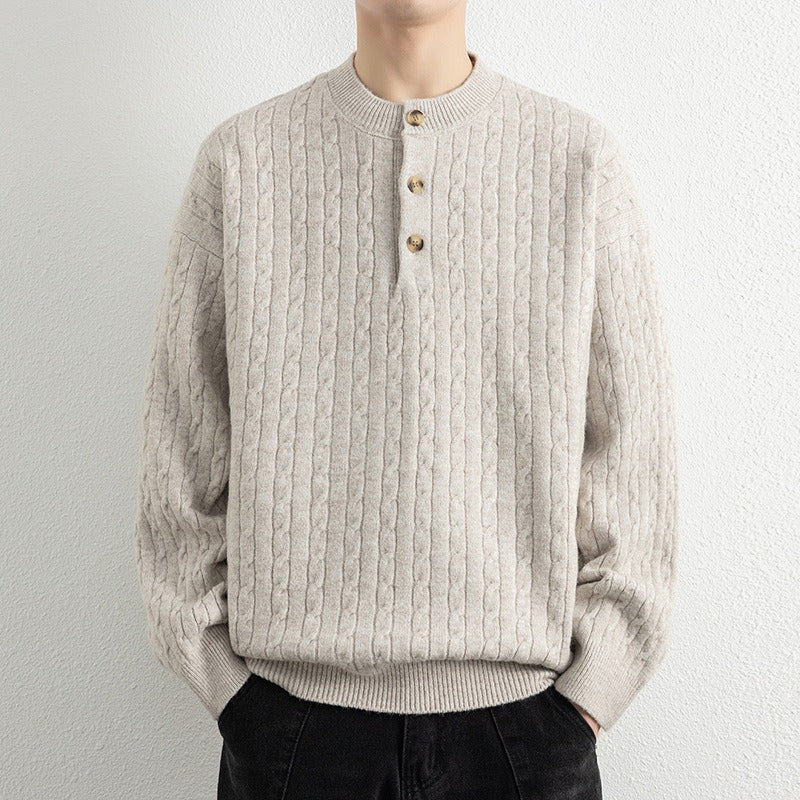 Men's wool blend knit pullover sweater in neutral tone, relaxed Henley neck with ribbed trim