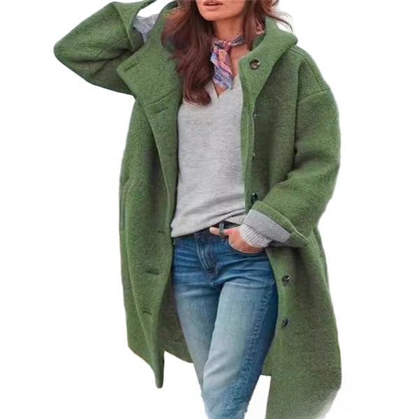 Women's full-length hooded wool coat oversized fit button front winter essential in neutral tone