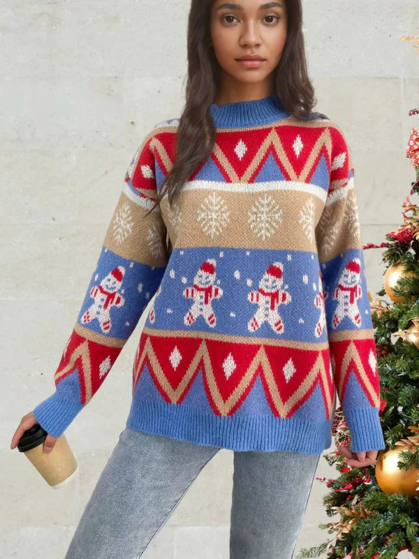 Women’s Knit Sweater – Relaxed Fit – Wool Blend – Crew Neck – Festive Pattern - Wavlynn