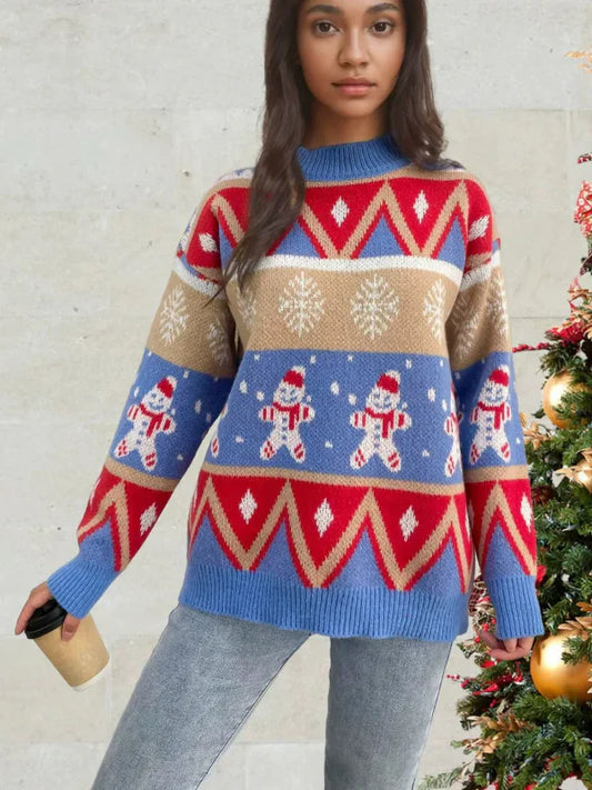 Women’s Knit Sweater – Relaxed Fit – Wool Blend – Crew Neck – Festive Pattern - Wavlynn