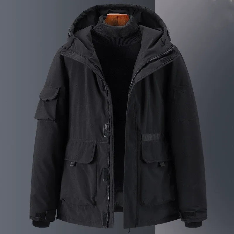 Men's relaxed-fit hooded down jacket insulated water-resistant with utility pockets for winter outdoor