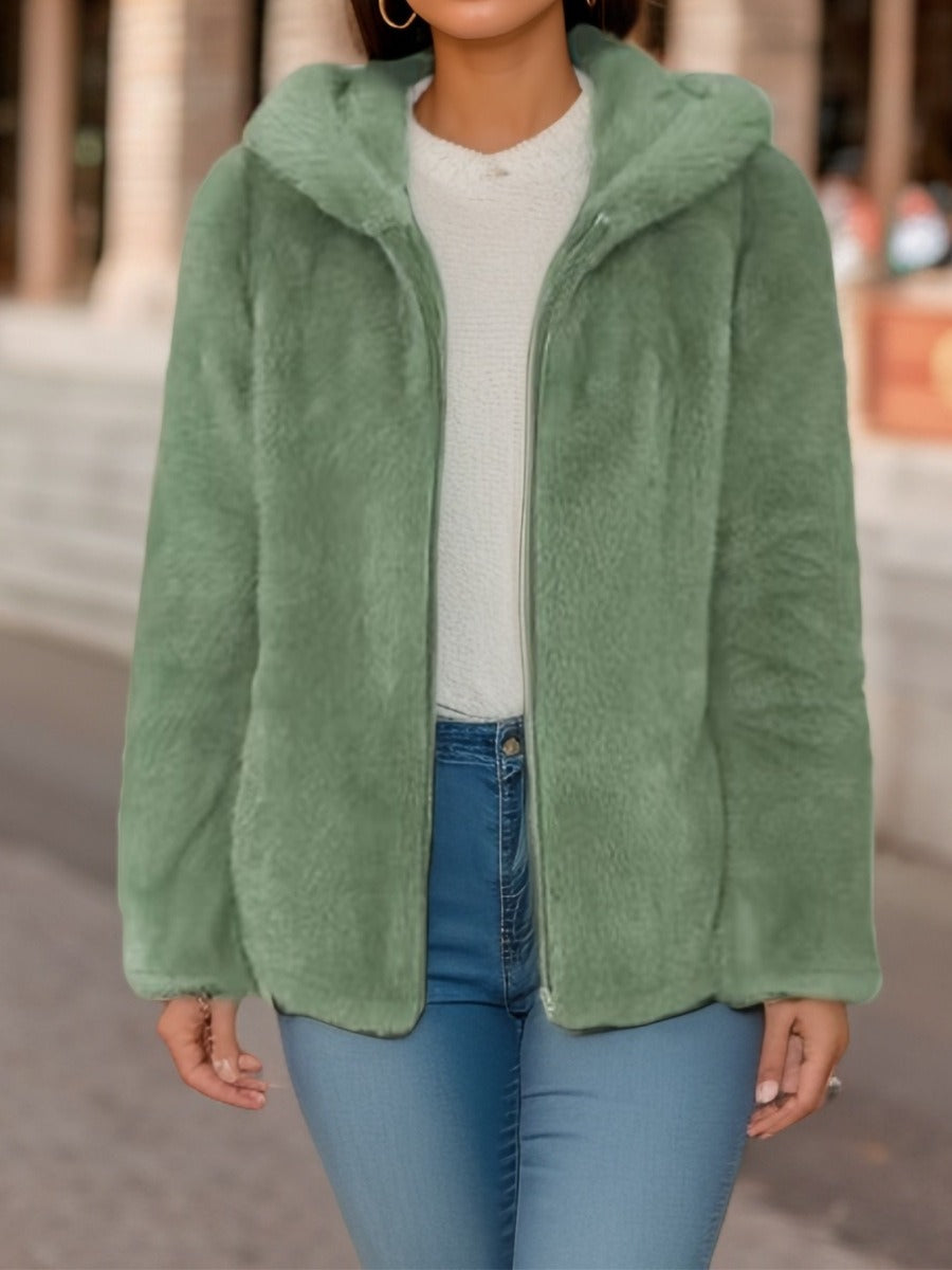 Women's coral fleece zip-up hoodie relaxed fit with warm wool lining and front zipper closure