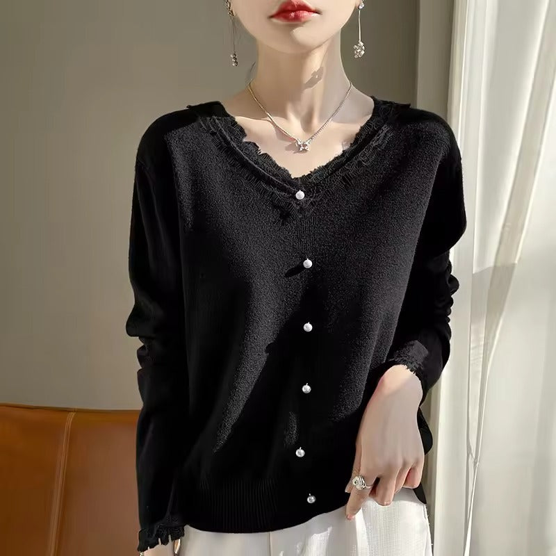 Beige wool blend relaxed fit sweater with delicate lace V-neck and long sleeves for women