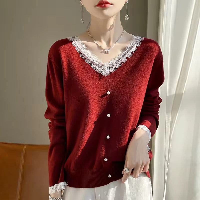 Women's wool blend relaxed fit sweater with delicate lace V-neck detail, long sleeve casual style